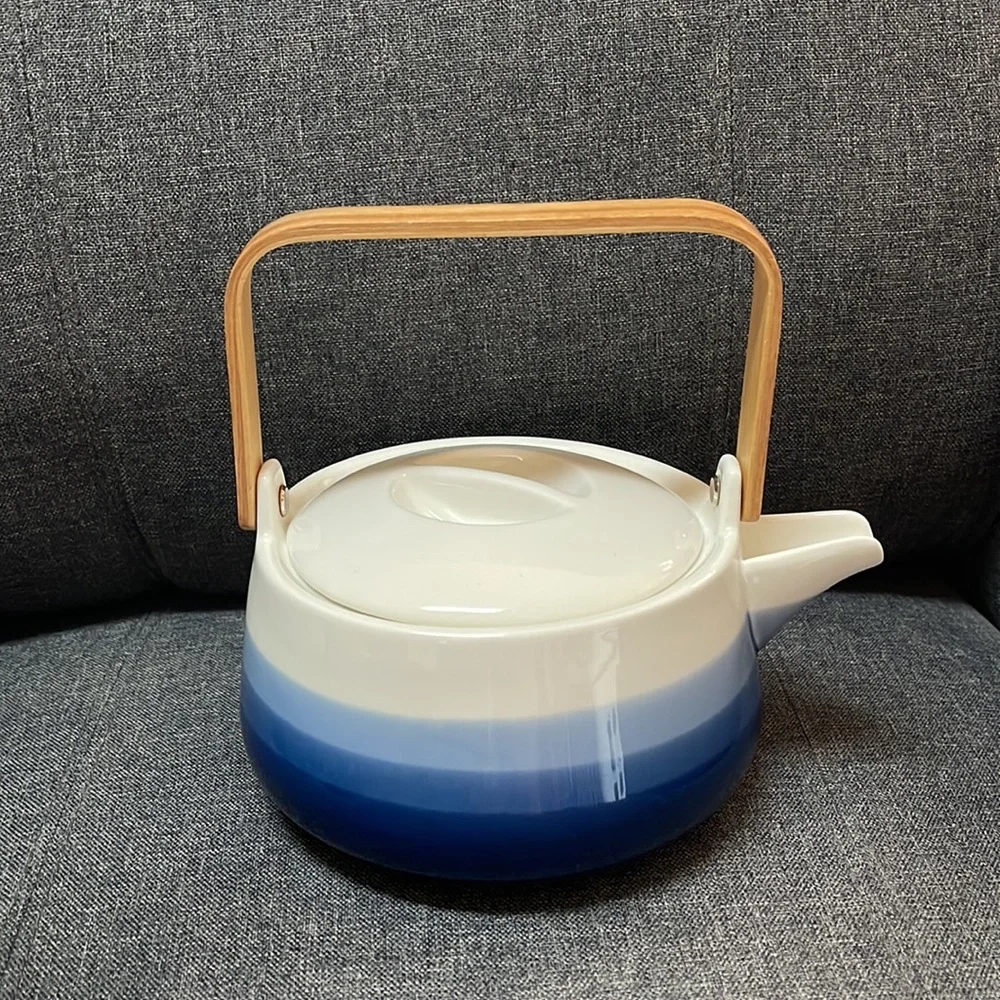 Crate & Barrel Blue Stripped Teapot and Cups Set